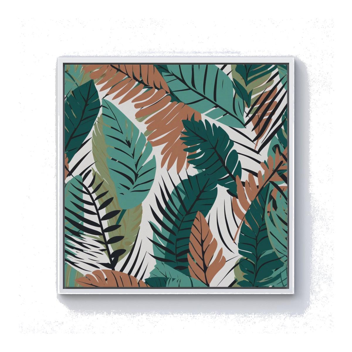 Tropical Floral Leaves Green Brown Canvas Print - Green / 40.6cm / White Frame