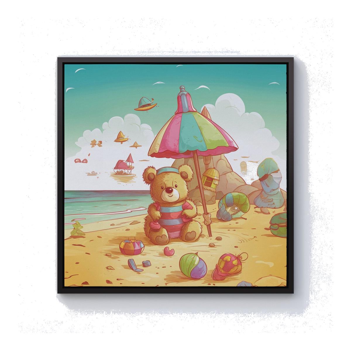 Teddy Bead On A Beach Holiday Canvas Print - Yellow / Black Frame / 101.6cm