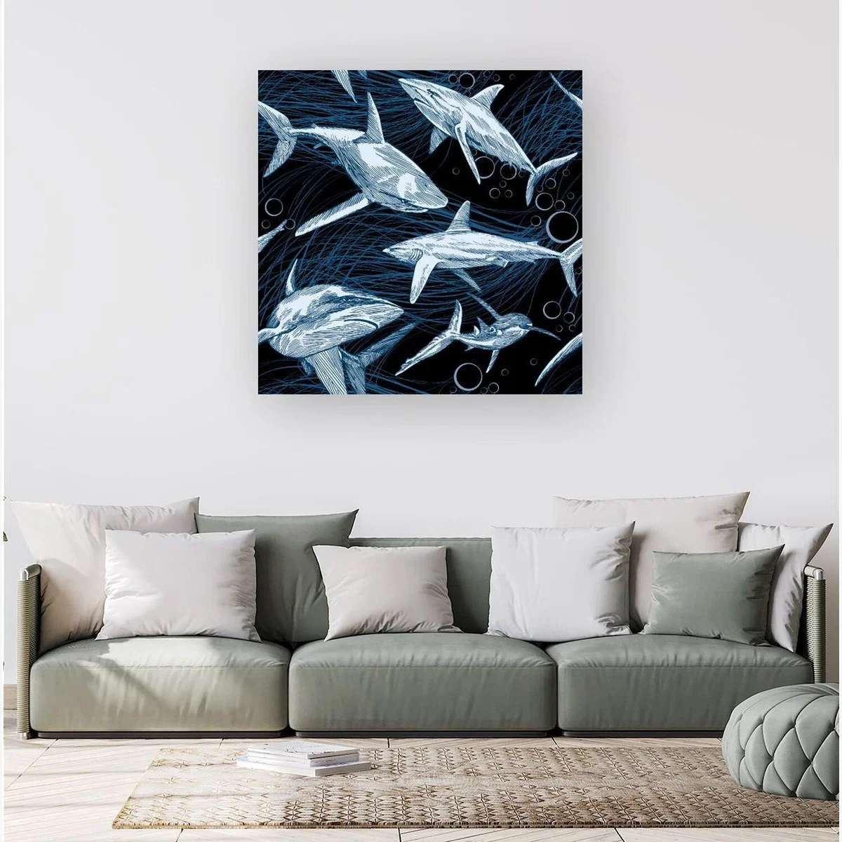 Hand Drawn Shark Pattern Canvas Print - Blue / Small – image 1