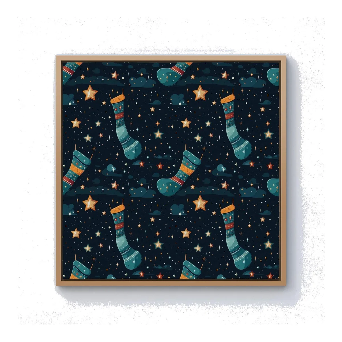 Christmas Stocking In A Starry Night Sky Canvas Print - Blue / Pine Frame / 25.4cm