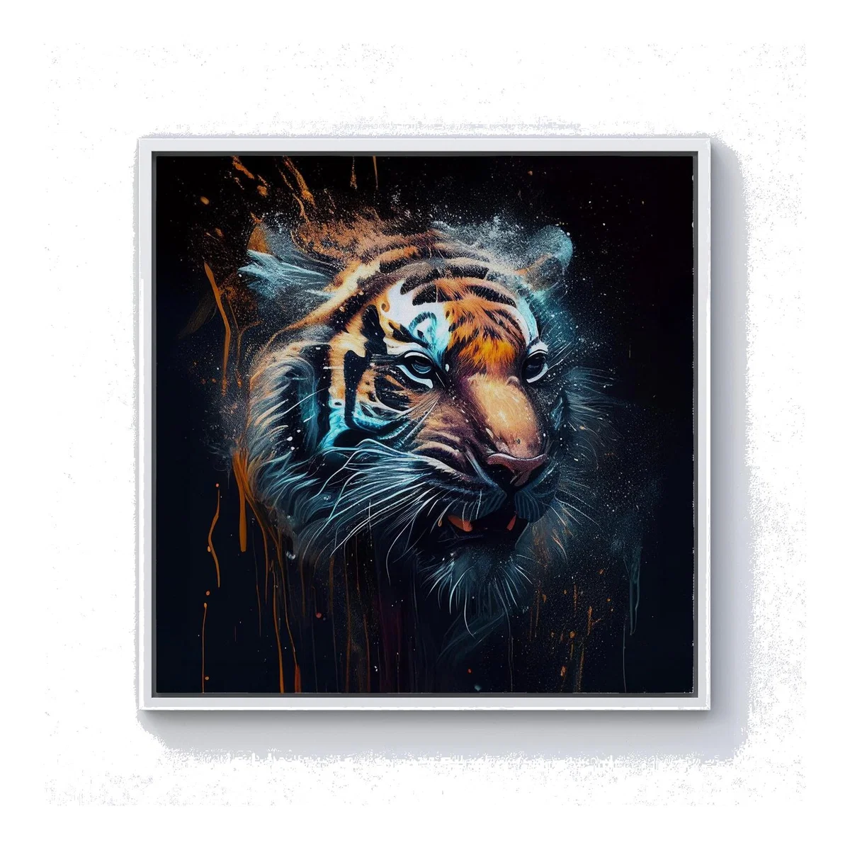 Tiger Face Splashart Dark Background Canvas Print - Brown / 40.6cm / White Frame