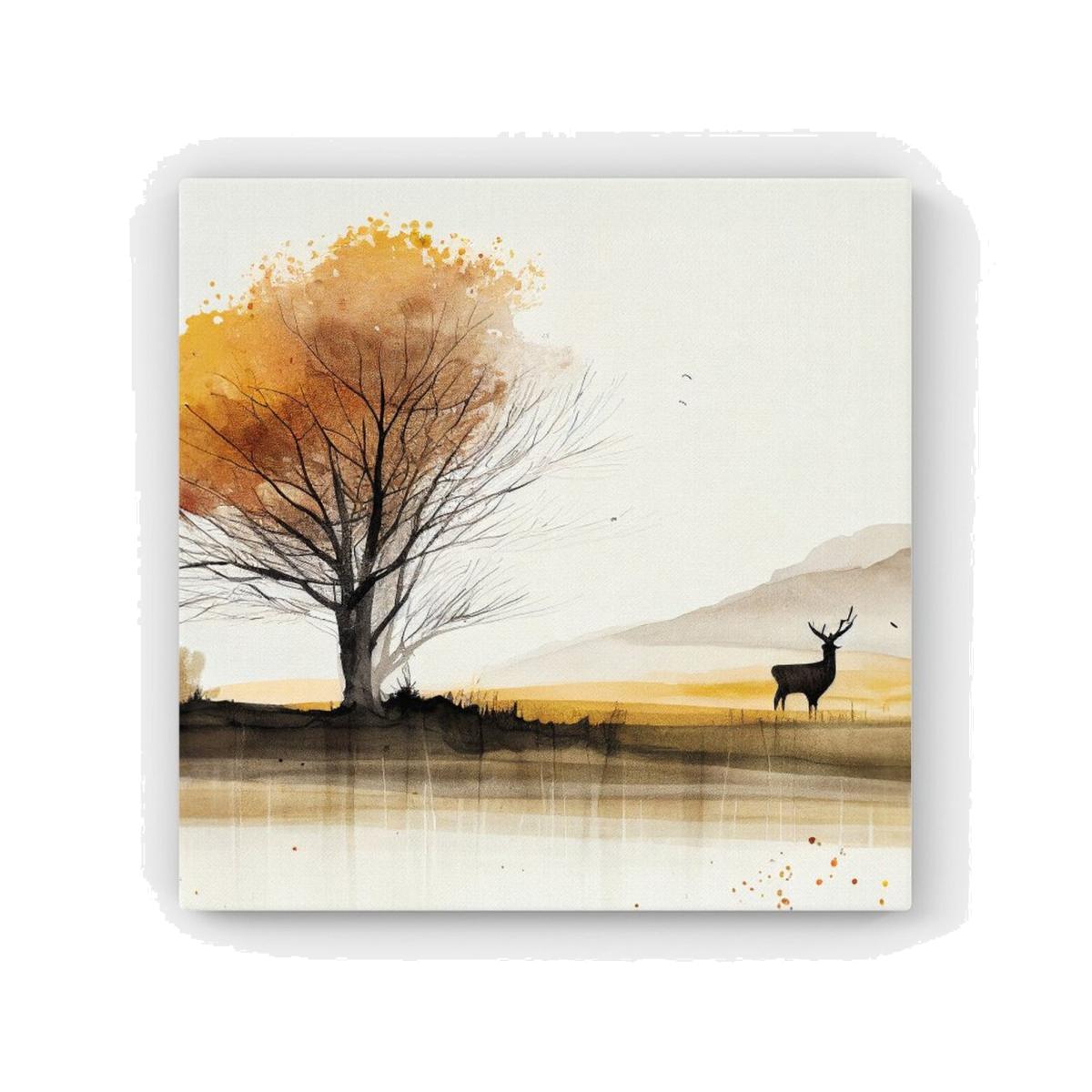 Autumn Landscape Stag Watercolour HD Metal Print - Brown / 30cm
