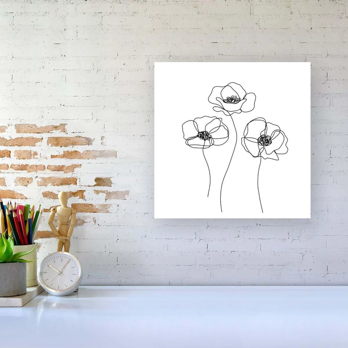 Monochrome Line Drawn Poppies Canvas Print - White / Large – image 1