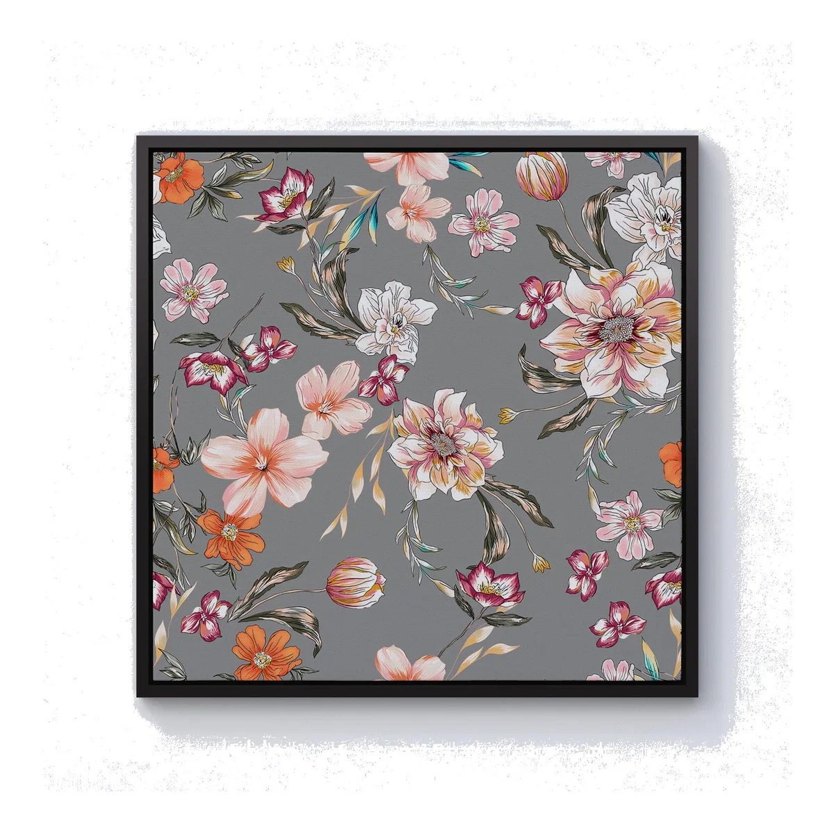 Peony, Lily, Tulip, Daisy Colorful On Grey Background Canvas Print - Grey / 40.6cm / Black Frame