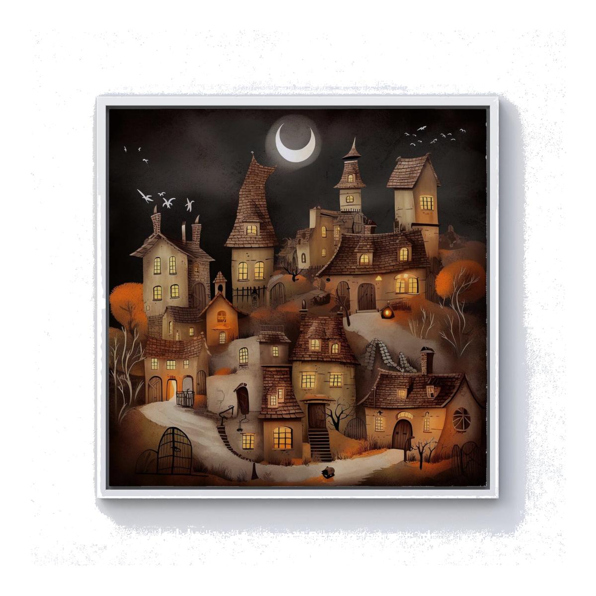 Spooky Halloween Village Canvas Print - Orange / 25.4cm / White Frame
