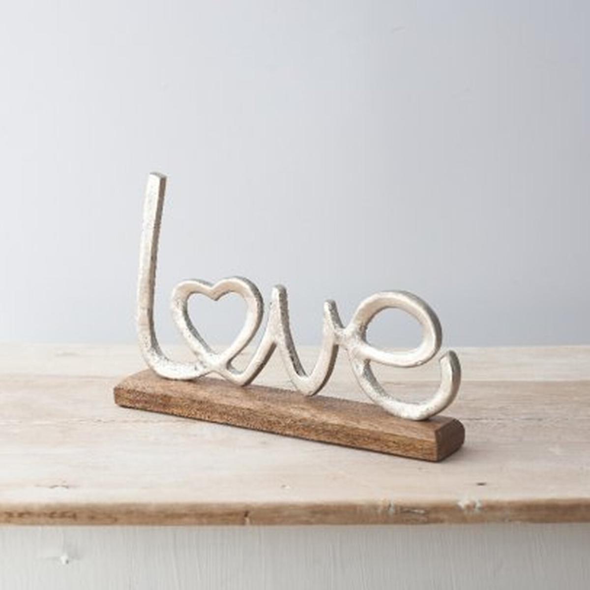 Aluminium Love Ornament Wooden Base - Silver