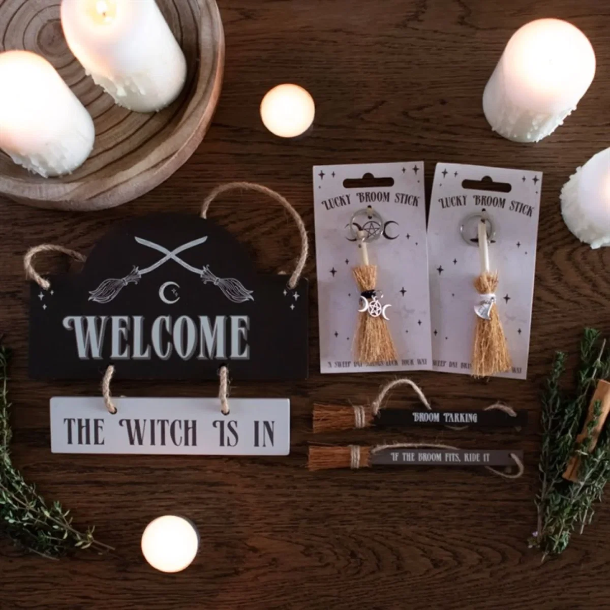 The Witch Is In Welcome Sign Hanging Magickal Broomstick Decor - Dark Grey – image 2