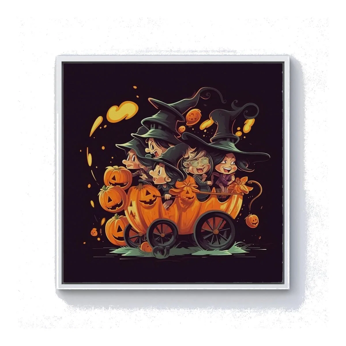 Cartoon Illustrations A Magical Pumpkin Carriage With Canvas Print - Orange / White Frame / 40.6cm