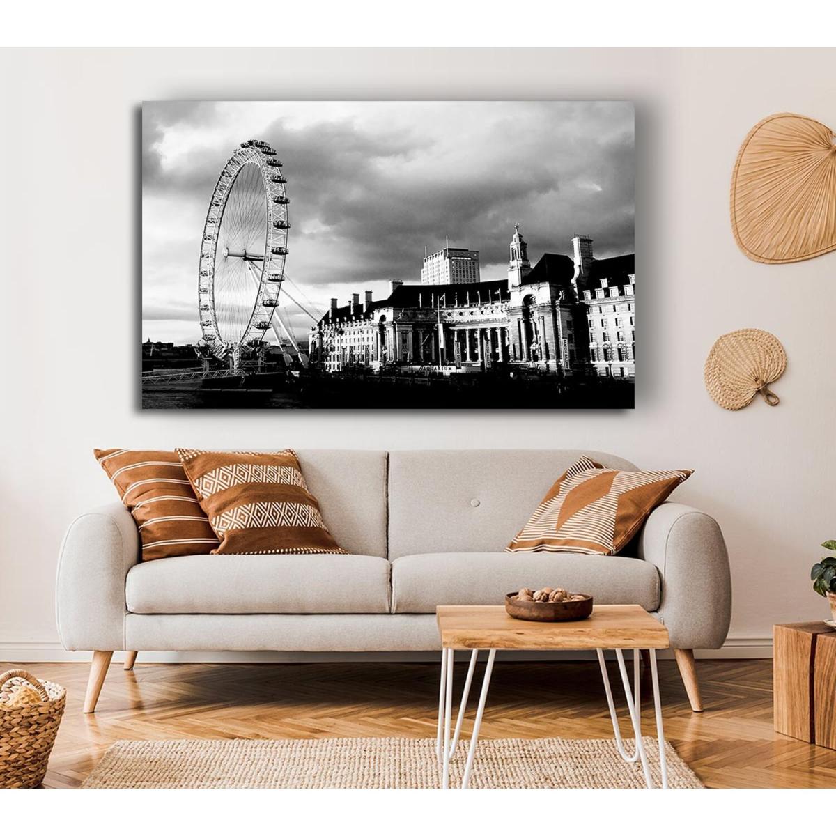 London Eye Clouds B n W Canvas Print Wall Art - Yellow / 81.28cm – image 4