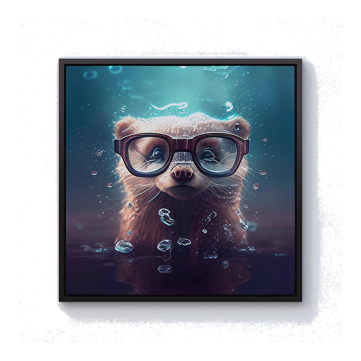 Ferret With Glasses Splashart Water Canvas Print - Blue / Black Frame / 101.6cm
