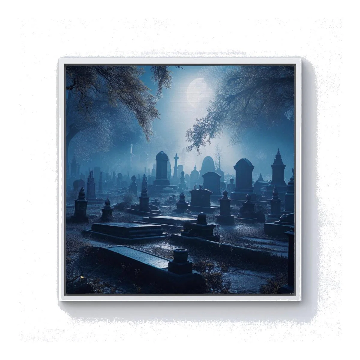A Breathtaking Scene Of A Moonlit Graveyard Canvas Print - Blue / 101.6cm / White Frame