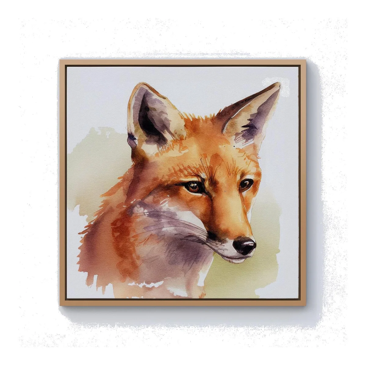 Fox Watercolour Canvas Print - Brown / Pine Frame / 76.2cm