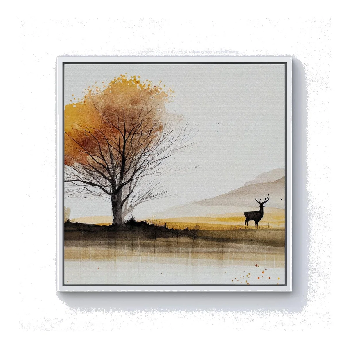 Autumn Landscape Stag Watercolour Canvas Print - Brown / 76.2cm / White Frame