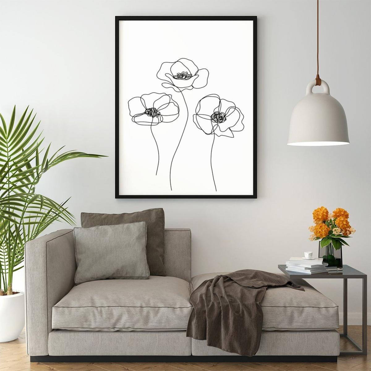 Monochrome Line Drawn Poppies Art Print - White / 42cm – image 2