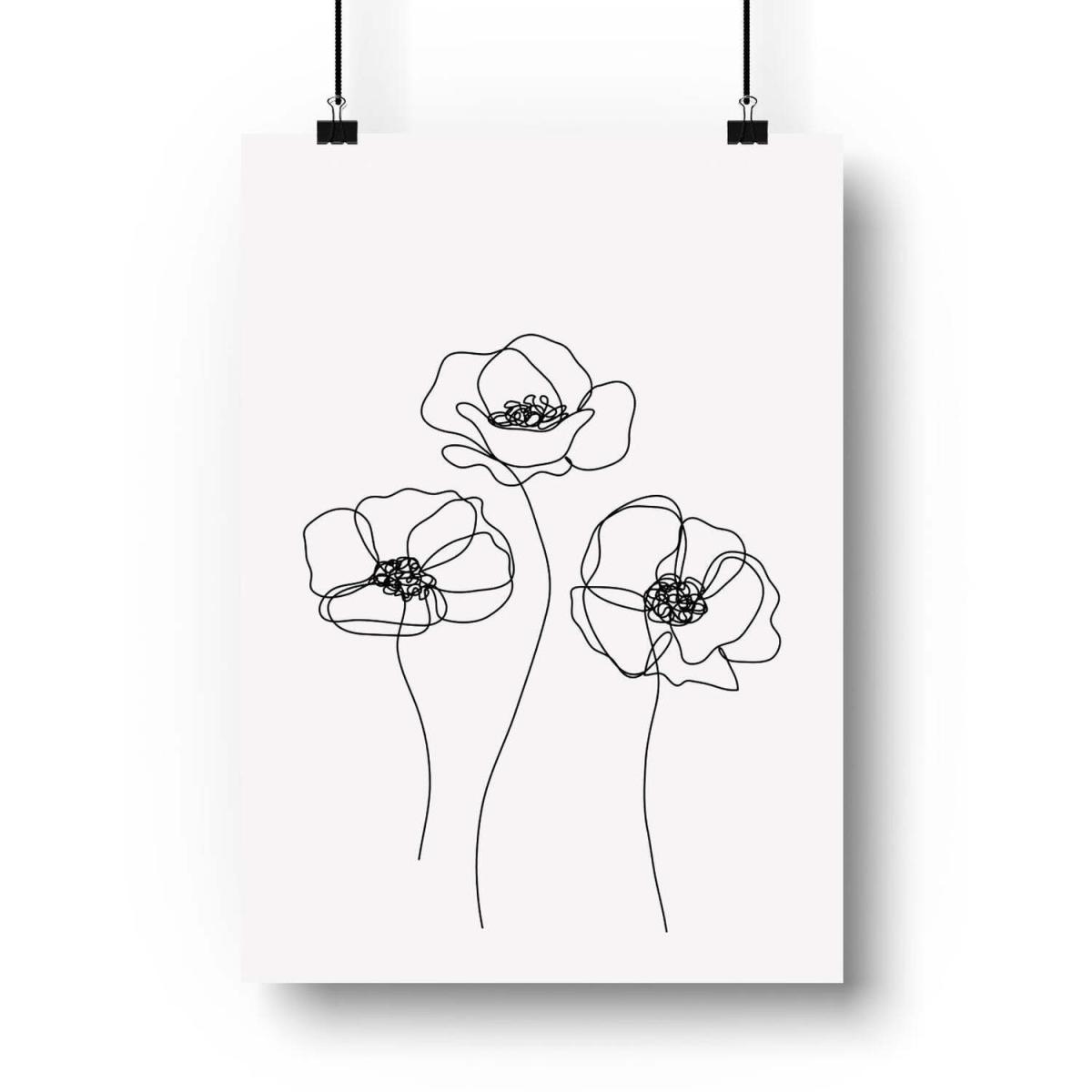 Monochrome Line Drawn Poppies Art Print - White / 42cm – image 3