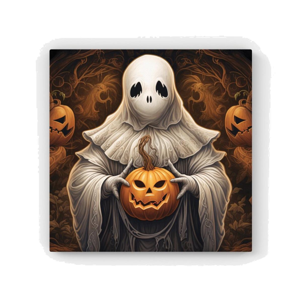 Spooky White Ghost Holding Pumpkin HD Metal Print - White / 56cm
