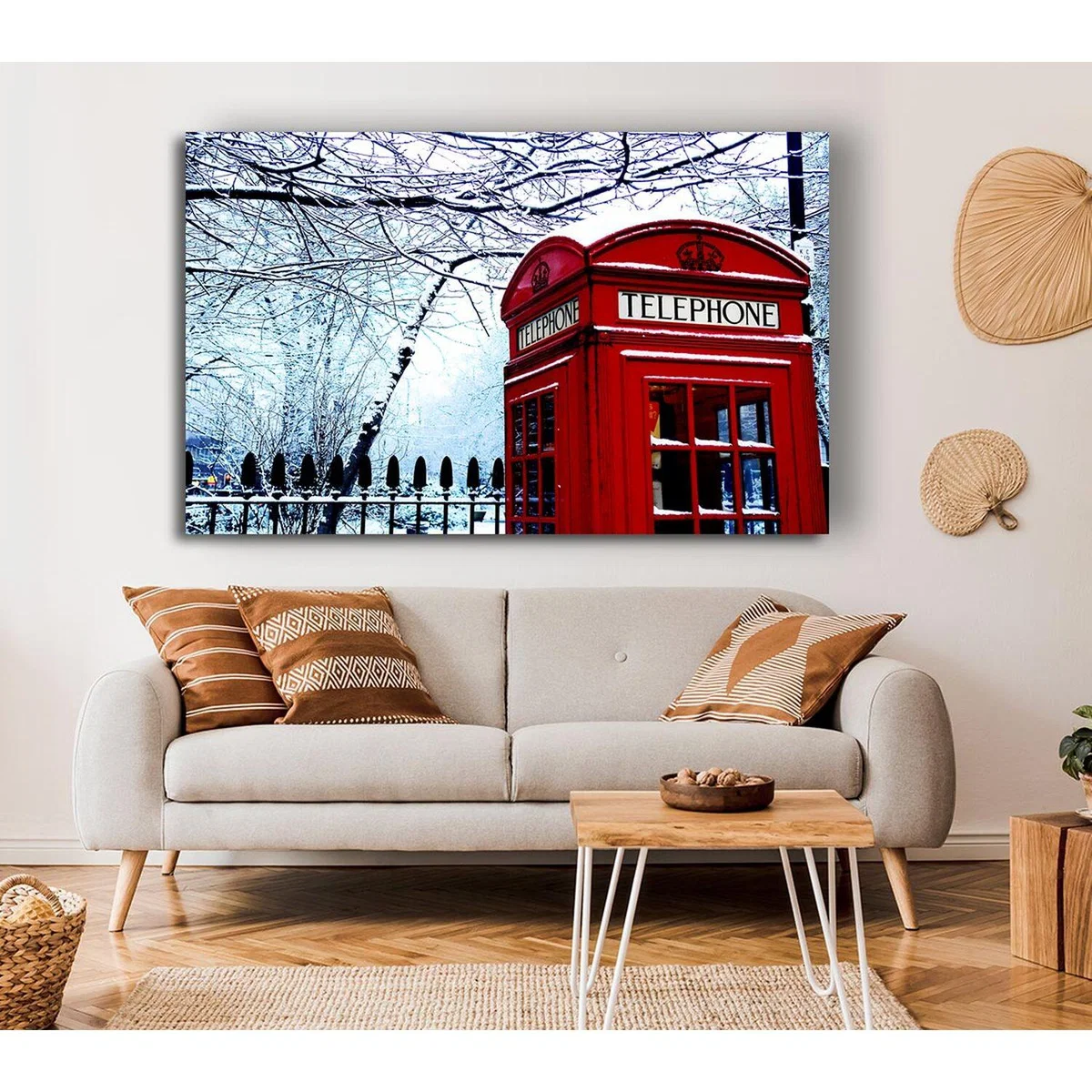London Telephone Box In The Snow Canvas Print Wall Art - Yellow / 66.04cm – image 4