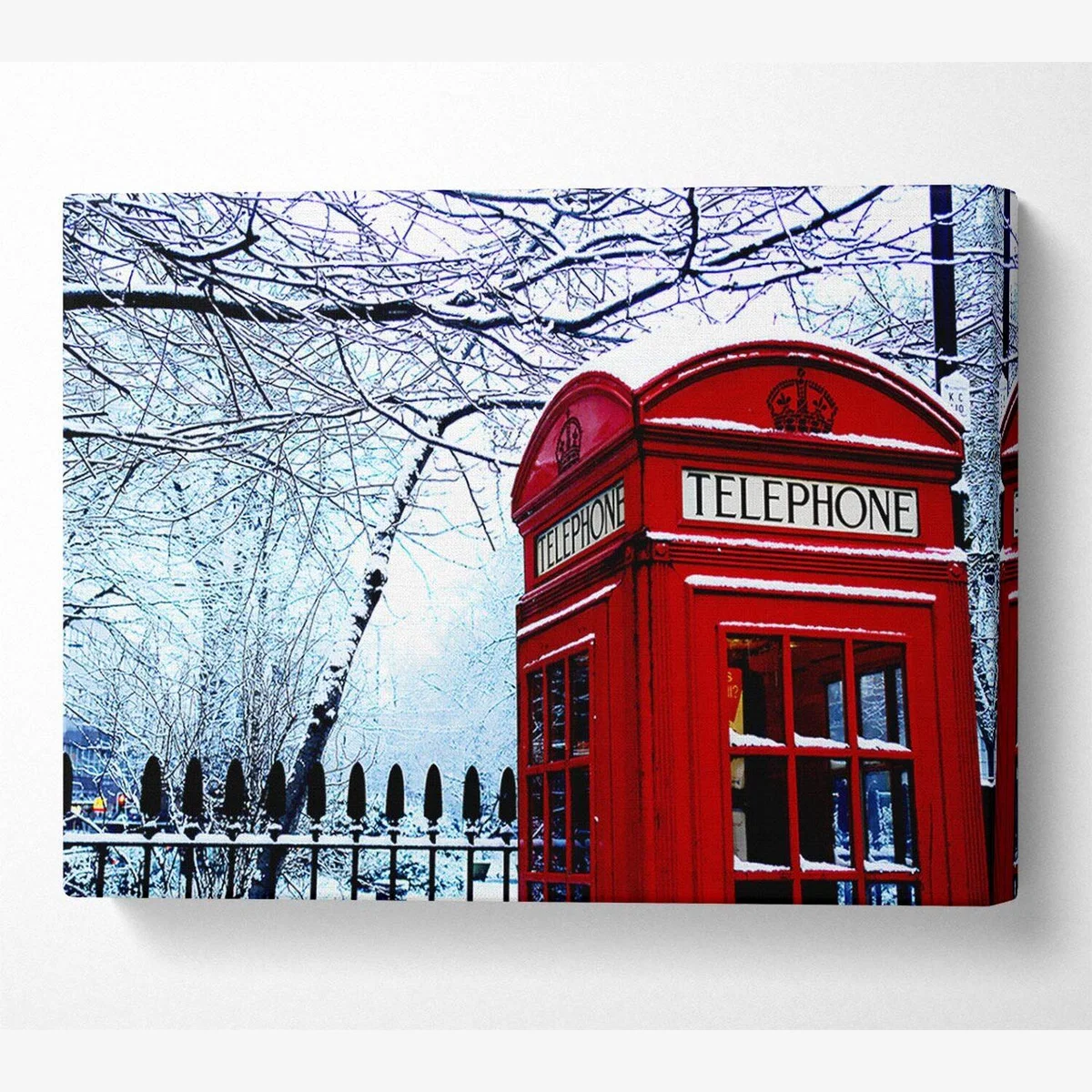 London Telephone Box In The Snow Canvas Print Wall Art - Yellow / 66.04cm – image 1