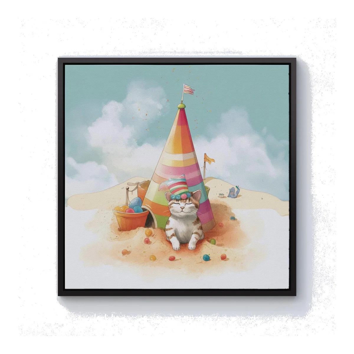 Cat On A Beach Holiday Canvas Print - Yellow / Black Frame / 25.4cm