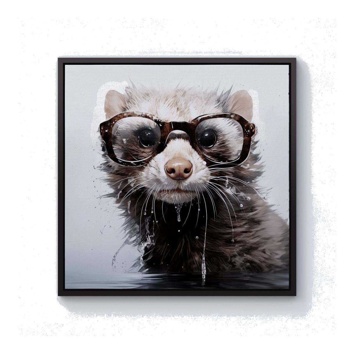Splashart Ferret With Glasses Canvas Print - Grey / Black Frame / 76.2cm