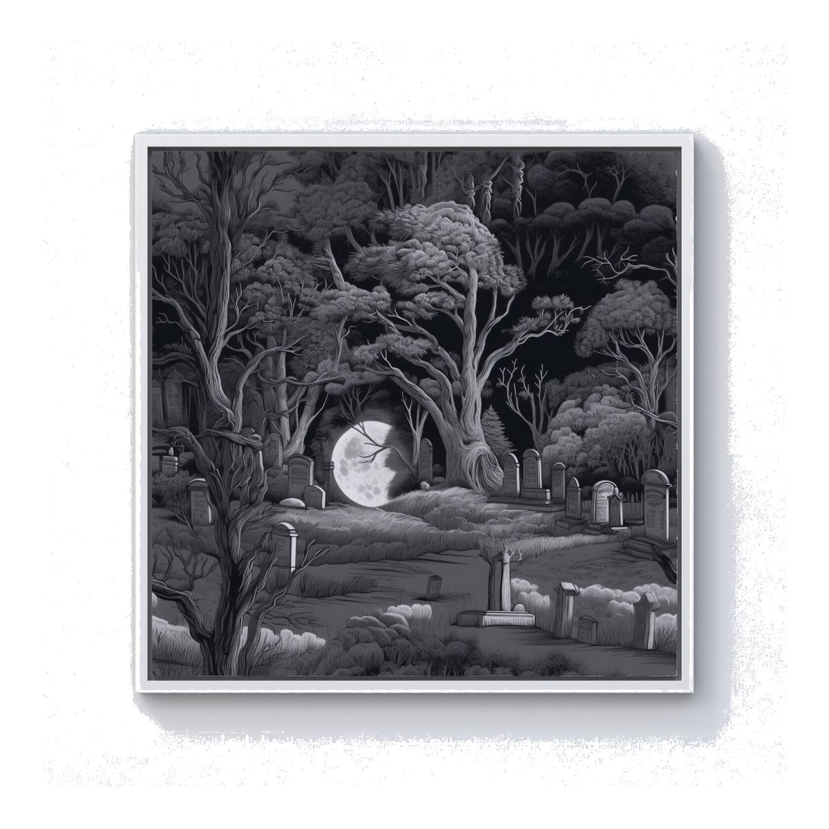 Eerie Moonlit Cemetery Canvas Print - Grey / 25.4cm / White Frame