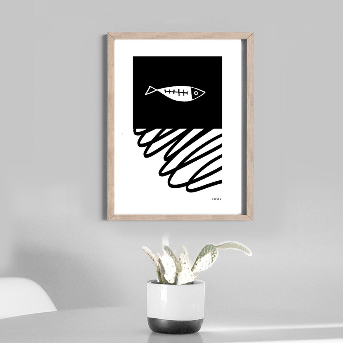 Black / White Gone Fishing Art Print: Black And White Fish Illustration With Abstract Line Awol – image 2