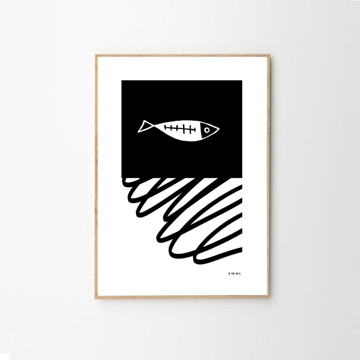 Black / White Gone Fishing Art Print: Black And White Fish Illustration With Abstract Line Awol – image 3