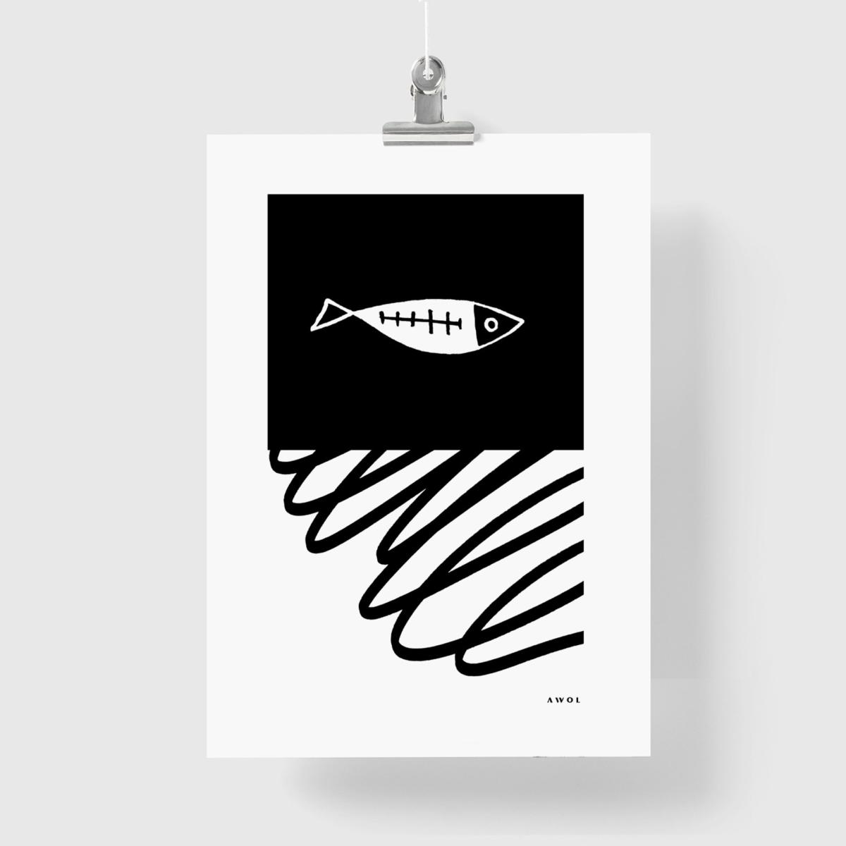 Black / White Gone Fishing Art Print: Black And White Fish Illustration With Abstract Line Awol – image 5