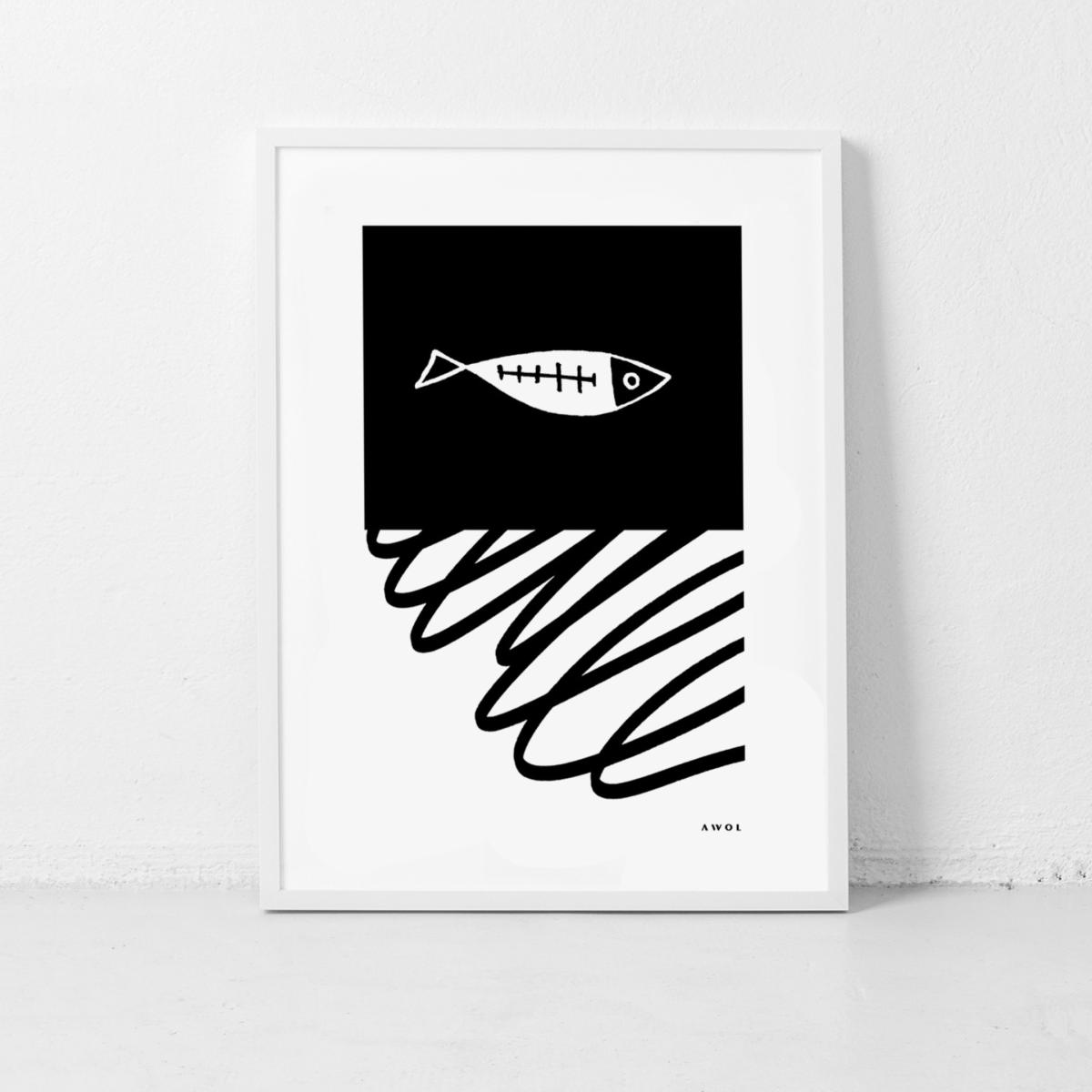 Black / White Gone Fishing Art Print: Black And White Fish Illustration With Abstract Line Awol – image 8