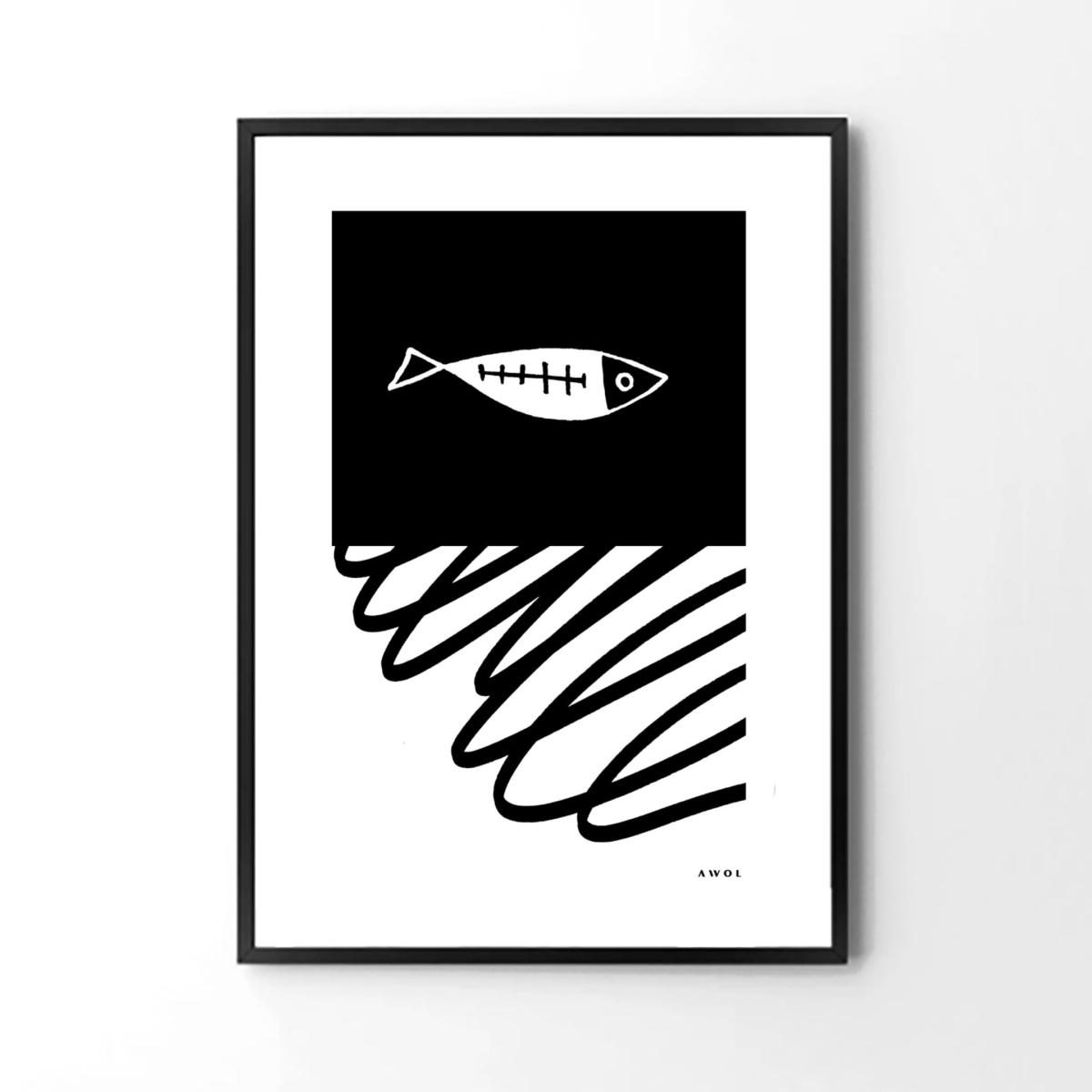 Black / White Gone Fishing Art Print: Black And White Fish Illustration With Abstract Line Awol – image 9