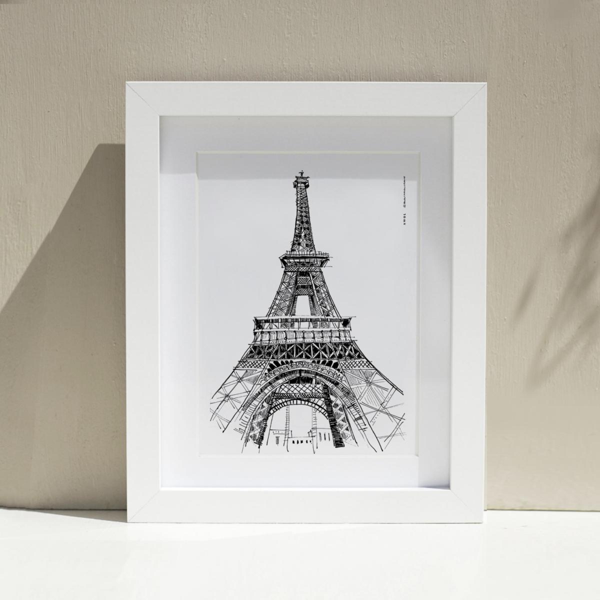 Black / White The Eiffel Tower, Paris Art Print: Iconic City Landmarks Illustrations A4 210 X 297Mm Awol – image 2