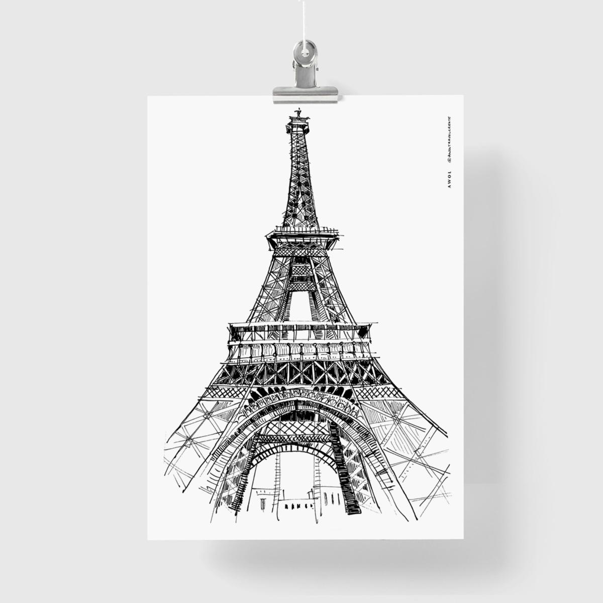 Black / White The Eiffel Tower, Paris Art Print: Iconic City Landmarks Illustrations A4 210 X 297Mm Awol – image 4