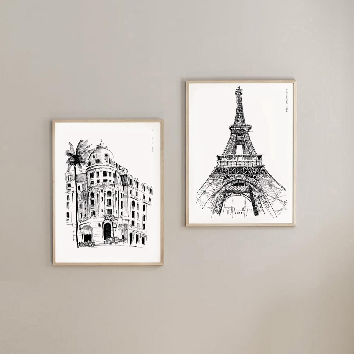 Black / White The Eiffel Tower, Paris Art Print: Iconic City Landmarks Illustrations A4 210 X 297Mm Awol – image 7