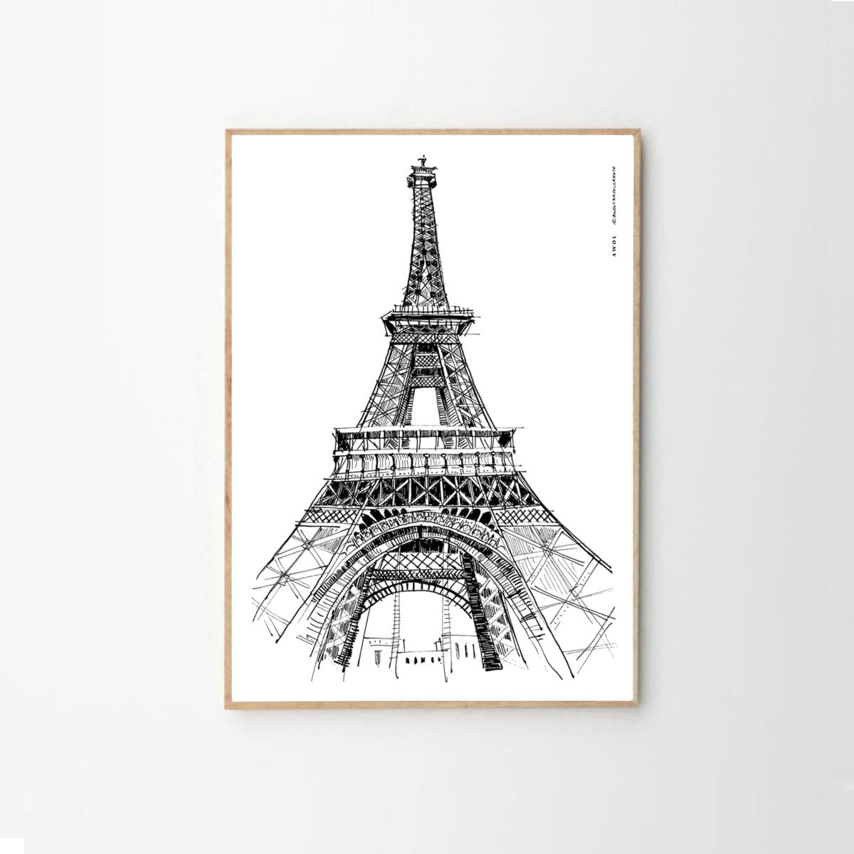 Black / White The Eiffel Tower, Paris Art Print: Iconic City Landmarks Illustrations A4 210 X 297Mm Awol – image 9
