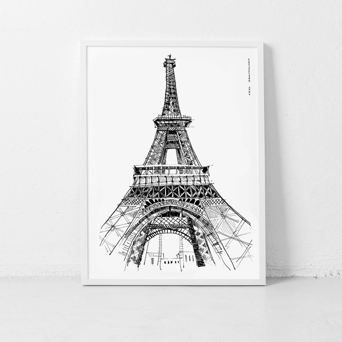 Black / White The Eiffel Tower, Paris Art Print: Iconic City Landmarks Illustrations A4 210 X 297Mm Awol – image 10