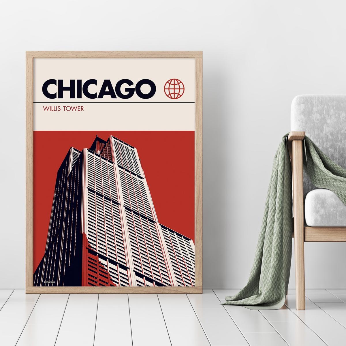 Chicago Willis Tower Modernist Architectural Travel Poster A3 297 X 420Mm Reign & Hail – image 3