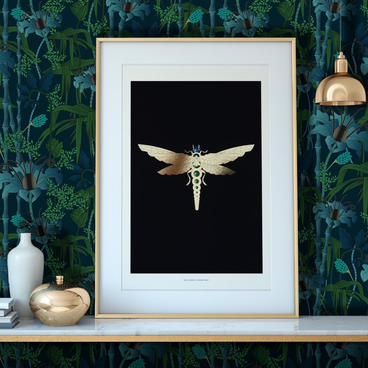 Green / Gold Zellandine's Dragonfly - A3 Gold Art Print The Curious Department – image 2