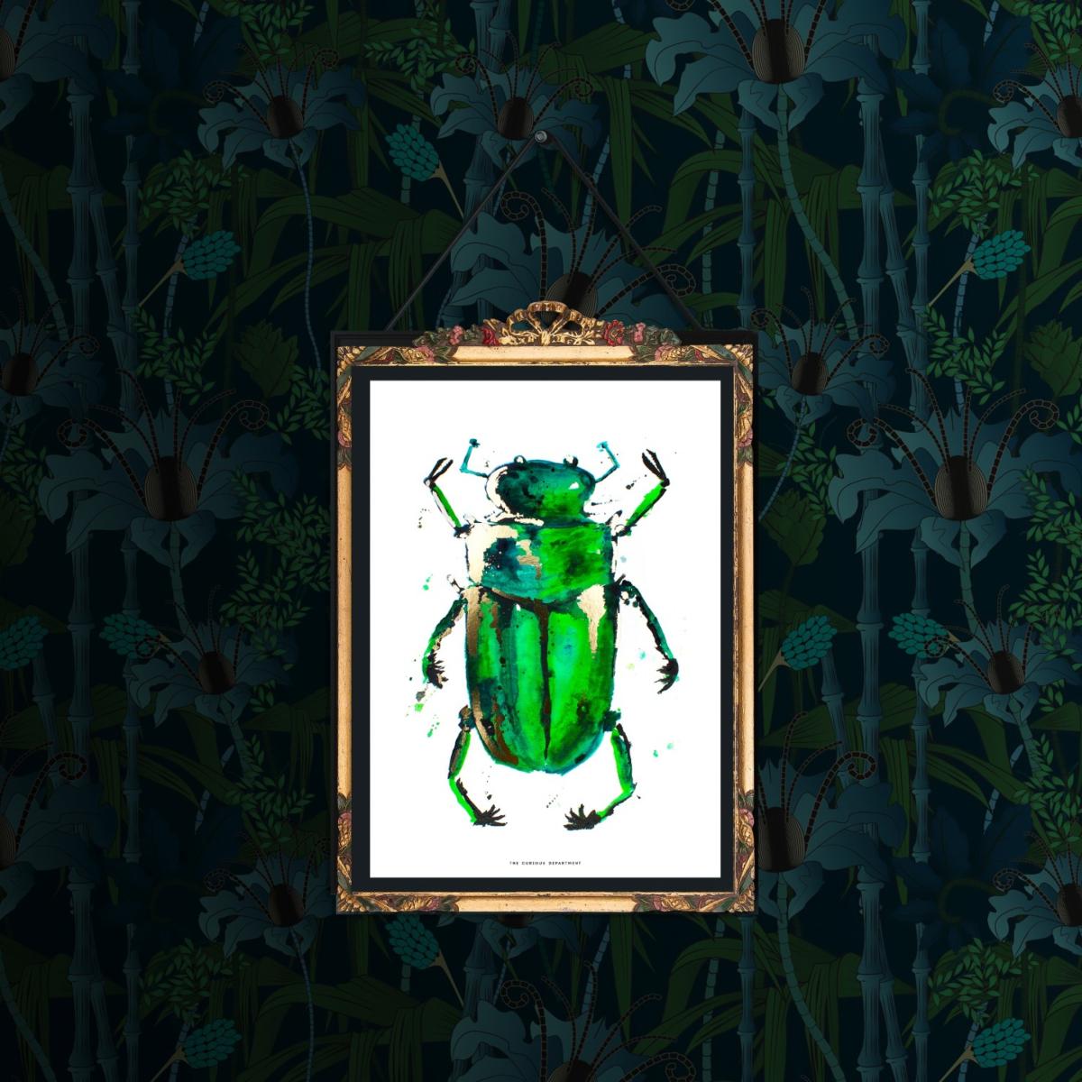 Gold / Green Beetle In The Rain Gold Print The Curious Department – image 2