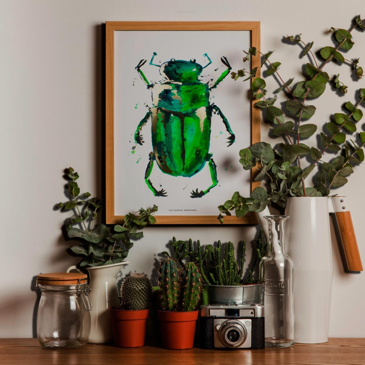 Gold / Green Beetle In The Rain Gold Print The Curious Department – image 3
