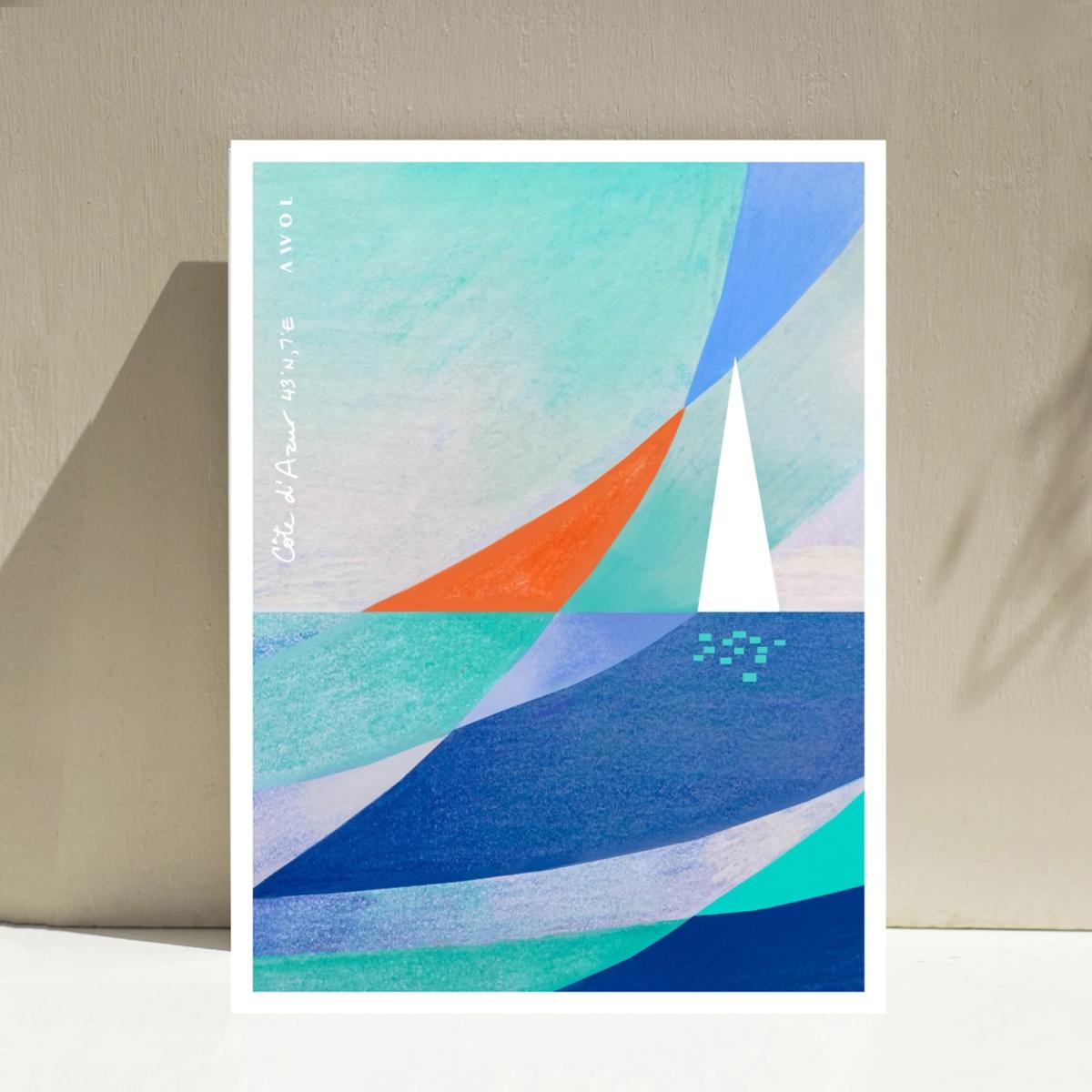Neutrals / White / Blue Abstract Landscape: White Sailboat On The Blue Sea Art Print Awol – image 2