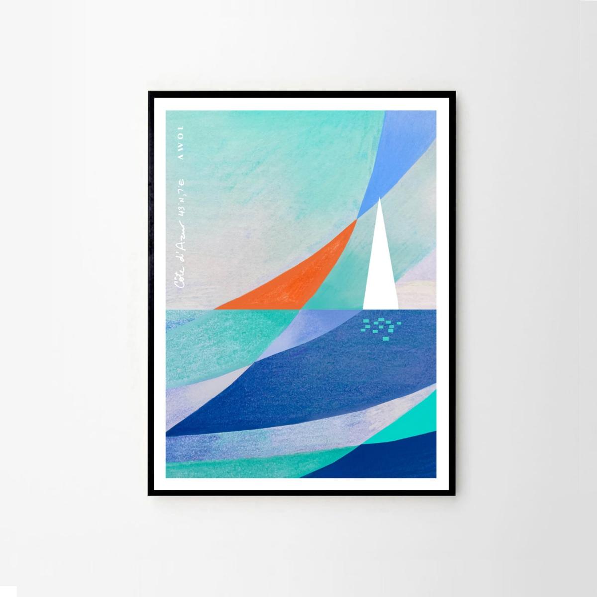 Neutrals / White / Blue Abstract Landscape: White Sailboat On The Blue Sea Art Print Awol – image 3