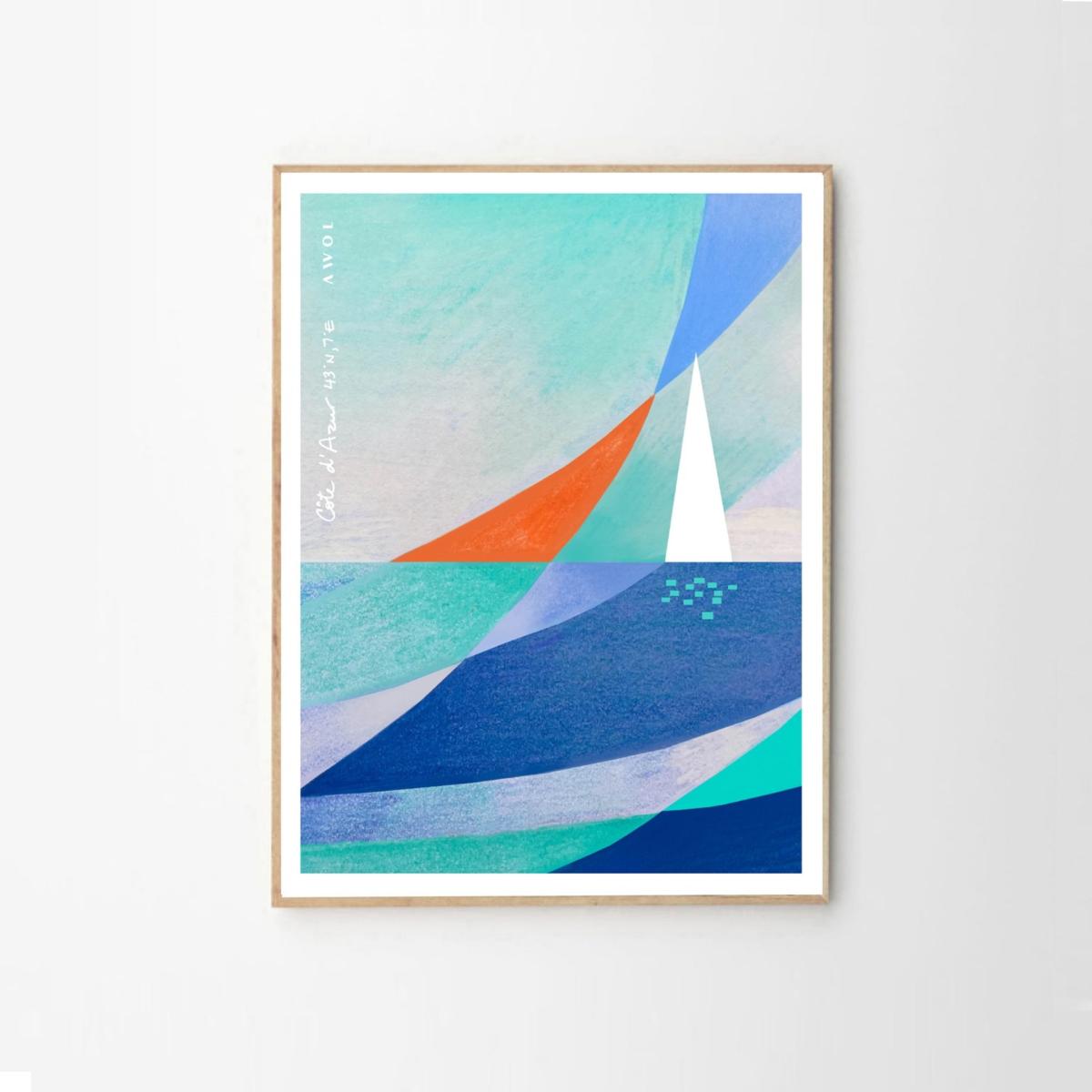 Neutrals / White / Blue Abstract Landscape: White Sailboat On The Blue Sea Art Print Awol – image 4