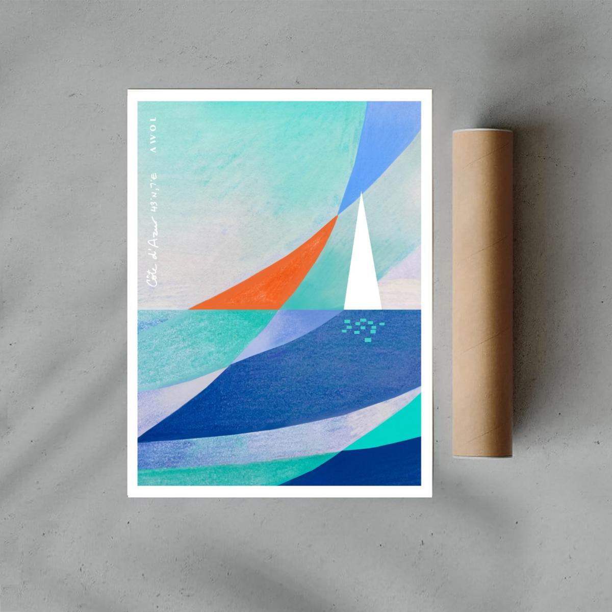 Neutrals / White / Blue Abstract Landscape: White Sailboat On The Blue Sea Art Print Awol – image 6