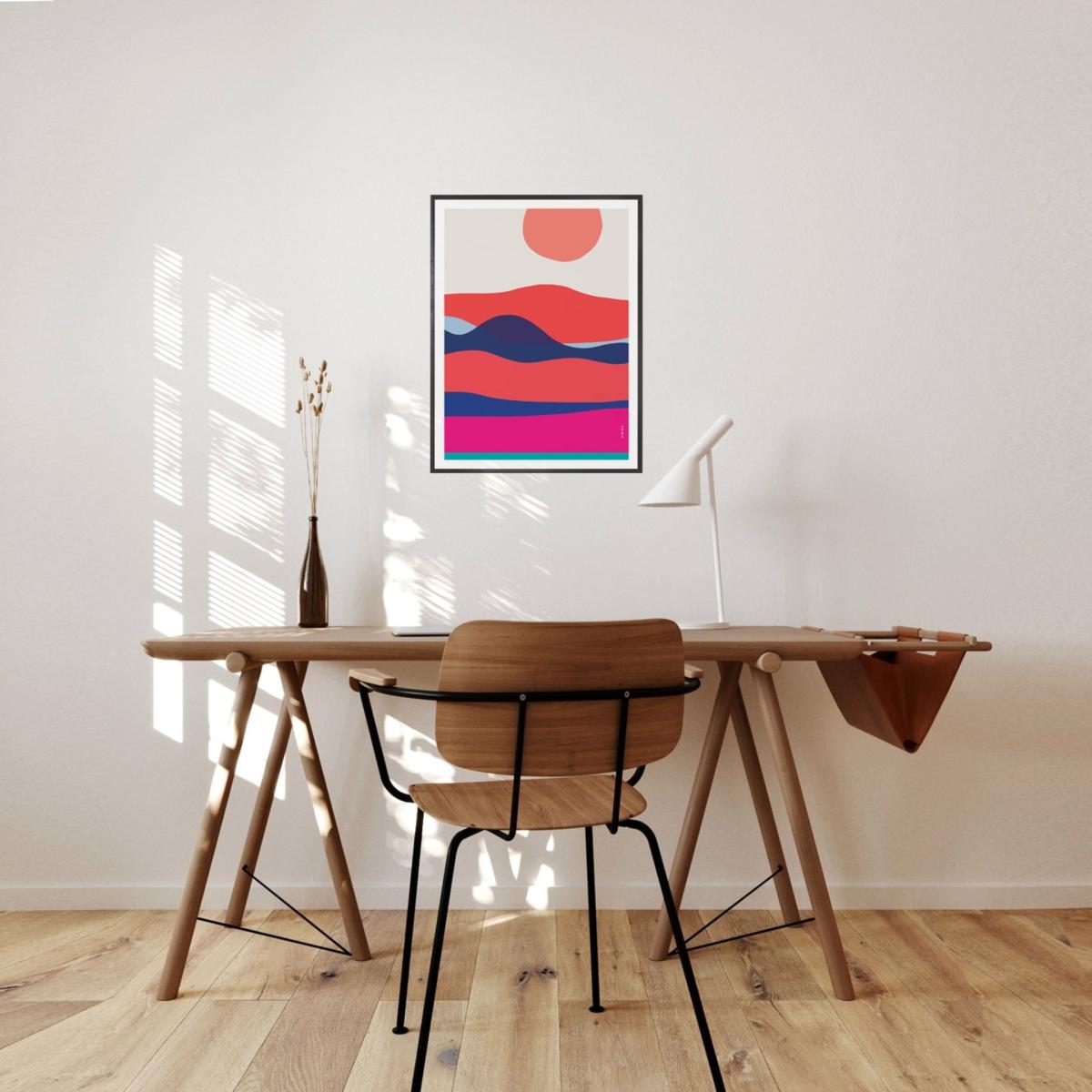 Blue / Yellow / Orange Ocean Waves At Sunset And Sunrise: Colourful Orange, Pink And Navy Blue Sea Art Print Awol – image 2