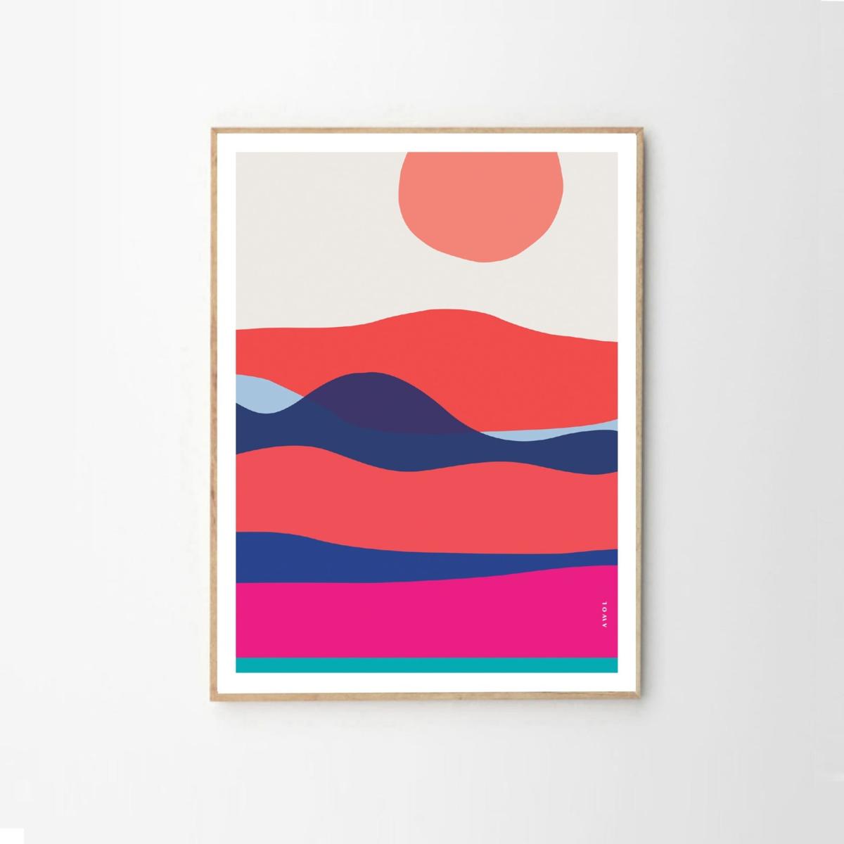 Blue / Yellow / Orange Ocean Waves At Sunset And Sunrise: Colourful Orange, Pink And Navy Blue Sea Art Print Awol – image 3