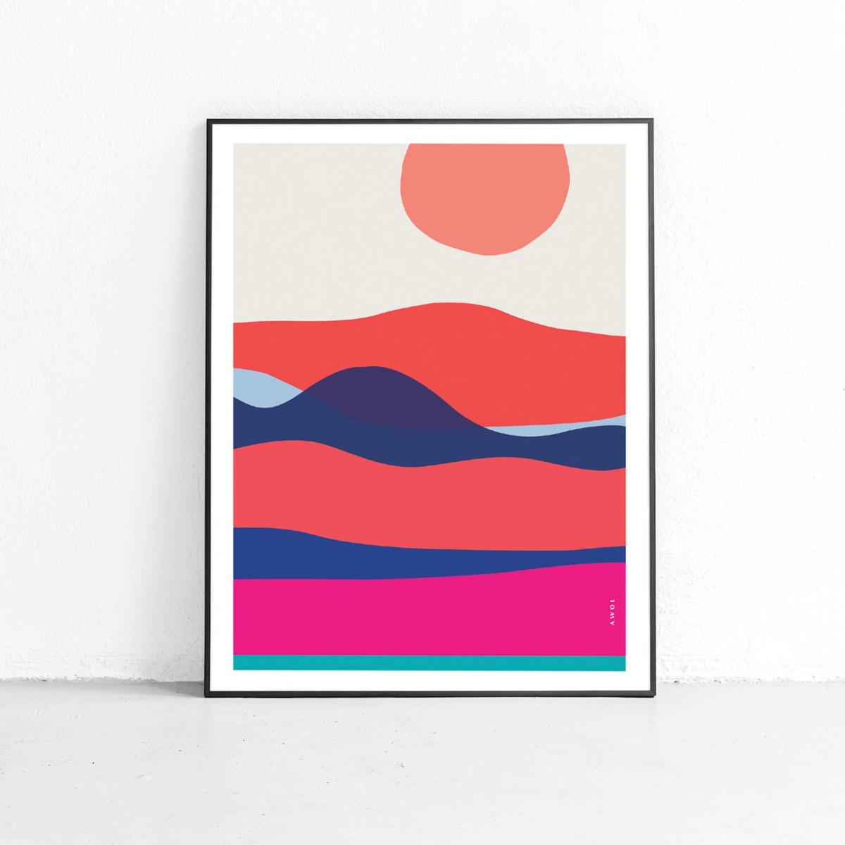 Blue / Yellow / Orange Ocean Waves At Sunset And Sunrise: Colourful Orange, Pink And Navy Blue Sea Art Print Awol – image 4