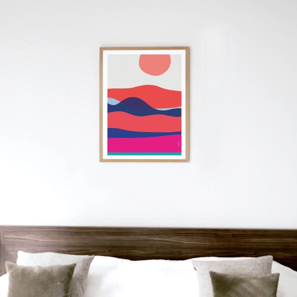 Blue / Yellow / Orange Ocean Waves At Sunset And Sunrise: Colourful Orange, Pink And Navy Blue Sea Art Print Awol – image 5