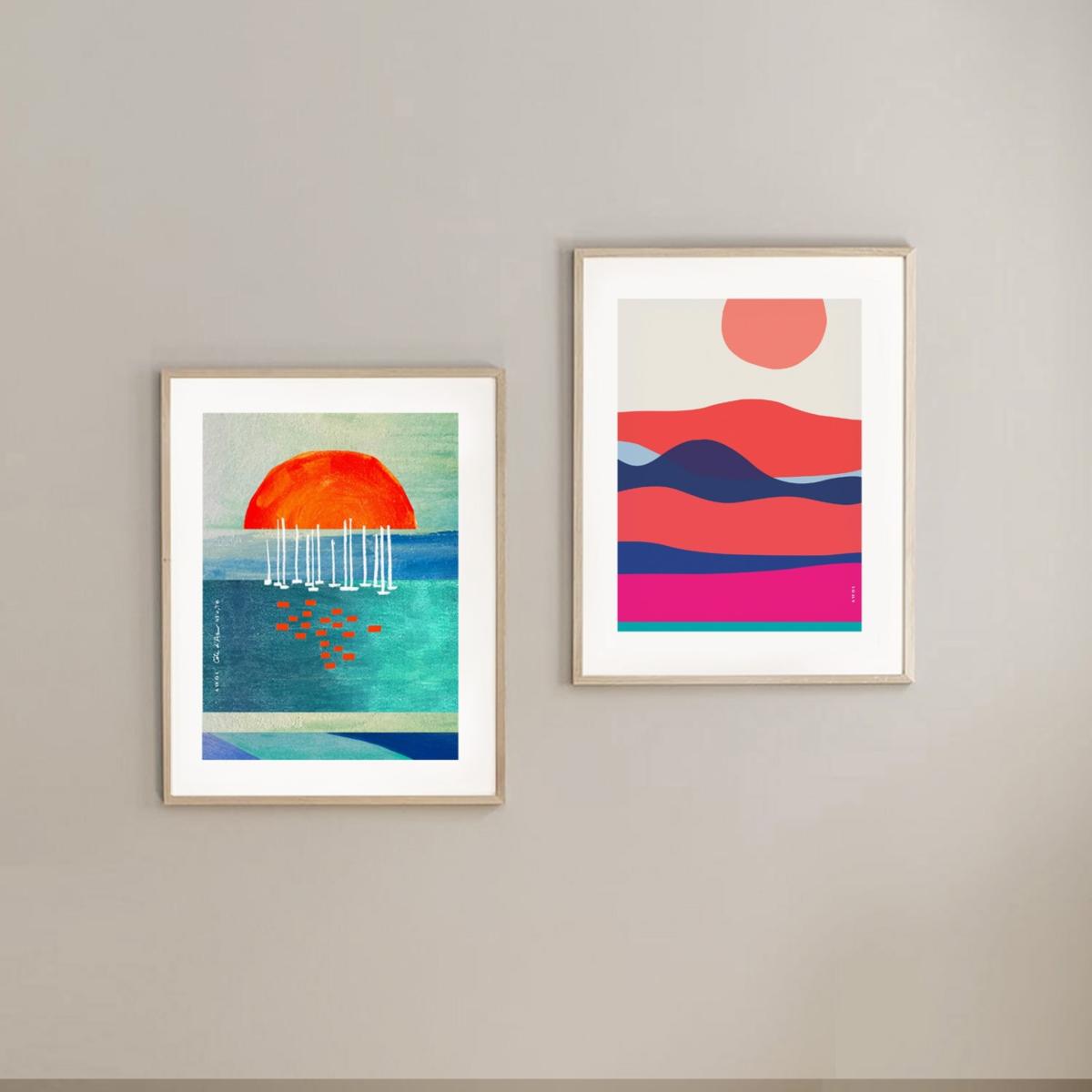 Blue / Yellow / Orange Ocean Waves At Sunset And Sunrise: Colourful Orange, Pink And Navy Blue Sea Art Print Awol – image 7