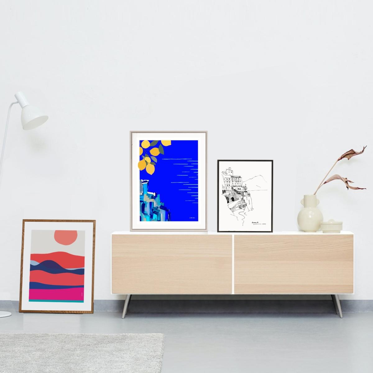 Blue / Yellow / Orange Ocean Waves At Sunset And Sunrise: Colourful Orange, Pink And Navy Blue Sea Art Print Awol – image 9