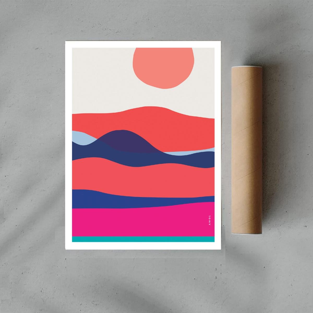 Blue / Yellow / Orange Ocean Waves At Sunset And Sunrise: Colourful Orange, Pink And Navy Blue Sea Art Print Awol – image 10